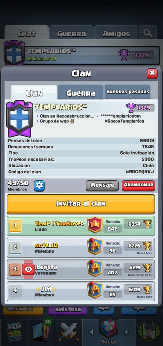 ⚔Templarios 🛡
☠️Min 90 war ⚔️
💀PB:5500🏆 
☠️Rey 👑 12-13/
💀Proxima Temporada daremos  premio de pass royale  🎁 al mejor el War de temporada y al mas alto en ladder.
💀jugamos 24/7 las war 🔫
⚫IMPORTANTE 
Tengo cupo para 5 coolideres Que me cooperen en las tareas del clan