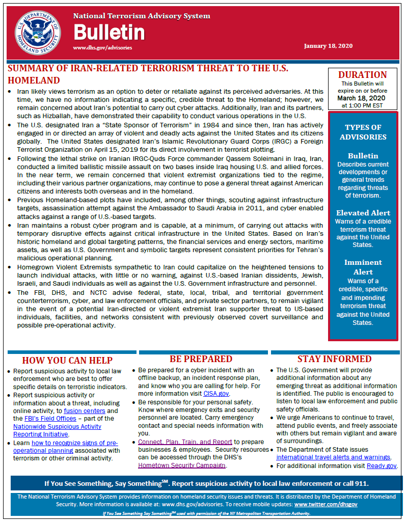 MassStatePolice's tweet image. The MSP Fusion Center is sharing this bulletin from the US National Terrorism Advisory System about the threat posed by Iran. Please note this simply describes general trends and does not signal an elevated or imminent threat. Bottom line? Stay alert, informed, and prepared.