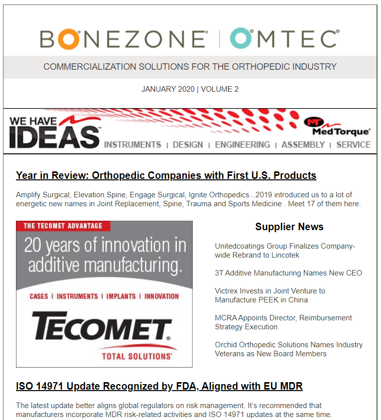 OMTEC_BONEZONE's tweet photo. #BONEZONE eNewsletter: Year in Review - New Companies, #FDA 510(k) Recap | ISO 14971 Update | RTI Surgical Goes Full-on Spine https://t.co/DokZKUByor #orthopedic https://t.co/EL1GJBtSao