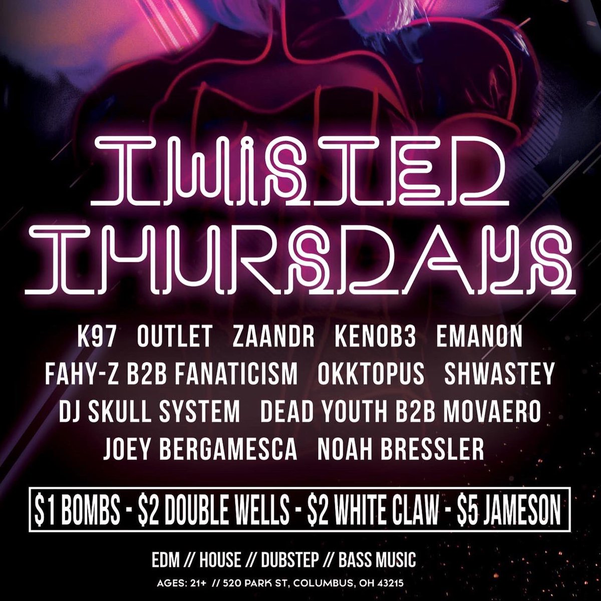 #TwistedThursdays #RoofTopEDM
TONIGHT!
3 Rooms Of EDM 

Free Entry #AllNight 

$1.00 Bombs 
$2.00 Wells Double 
$2.00 White Claw 
$5.00 Jameson 

EDM / House / DubStep / Bass Music // Columbus Djs // Dancers &amp; You! 

9:00pm to 2:30pm @ Callahan's Bar &amp; Rooftop