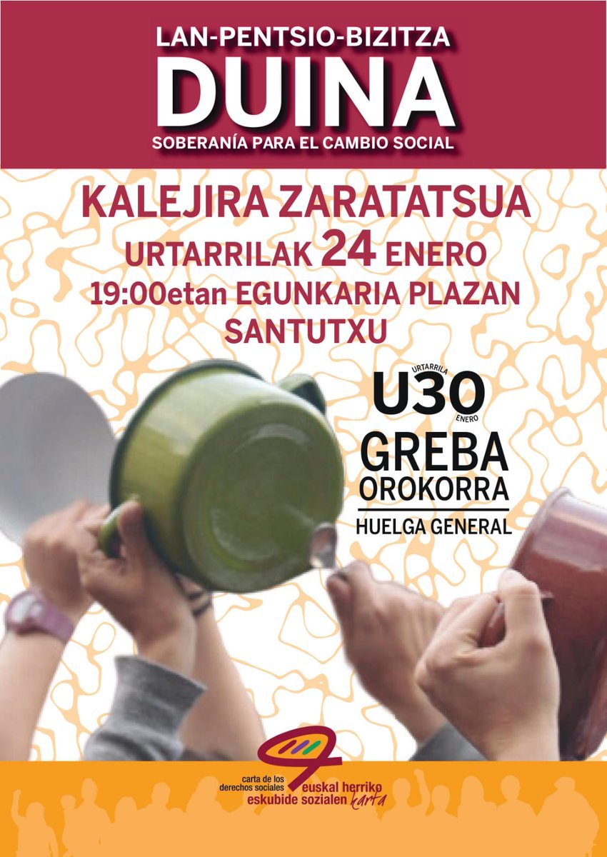 StxGreba's tweet photo. KALEJIRA ZARATATSUA #Santutxun
🗓 Urtarrilak 24 enero
🕖 19:00etan
📍 Egunkaria plazan
LAN-PENTSIO-BIZITZA DUINA!
#Santutxu-n #U30GrebaOrokorra!!!
✊✊✊
@grebabizkaia @EskubideenKarta https://t.co/0fbByZnG75