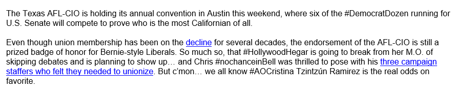 benwermund's tweet photo. .@JohnCornyn's campaign pushing some new nicknames for the "Democrat Dozen" in the primary, including @BellForSenate and @cristinafortx: https://t.co/HMxlF2PD2i