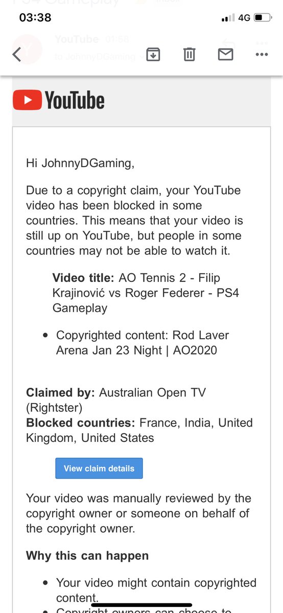JohnnyDGaming's tweet photo. 😂 Whoever manually reviewed this and flagged copyright needs their eyes checked 😂 it’s a bloody video game you fool #AOTennis2 #CopyrightFail https://t.co/91pAHlDBvi