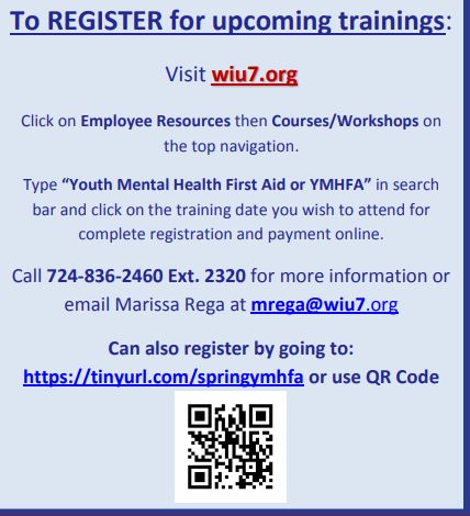 We hope you can join us for one of our upcoming Youth Mental Health First Aid training days! #BeTheDifference <a href="/matachak/">Kyra Matachak</a> <a href="/suesoltis19/">Sue Soltis</a> <a href="/MarissaRega/">Marissa Rega</a> 
March 5
April 30
June 16