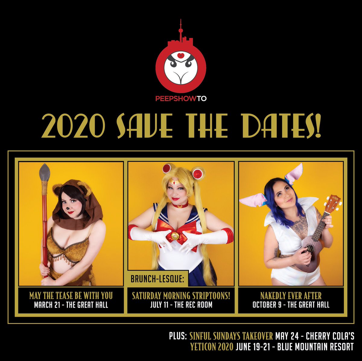 PeepshowTO's tweet photo. The PeepshowTO 2020 Shows have been announced! Check out our website in a couple days for updates on how you can be involved in our upcoming show, May The Tease Be With You in March! #nerdlesque #burlesque #cosplay #torontoevents https://t.co/7KGG3Hs1pp