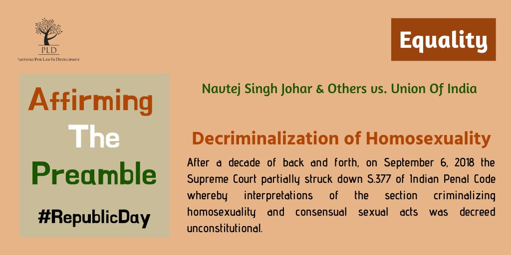 PLD_India's tweet photo. #RepublicDay2020 

Rights of Transgender Persons.

Looking at landmark judgments that upheld the spirit of the Preamble of Indian Constitution which calls to secure for Indian citizens #EQUALITY of status and of opportunity.

#S377 #Homosexuality
#Preamble #ConstitutionofIndia https://t.co/l57fXrkrb7