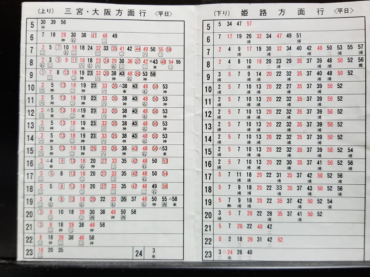 やまさん 山陽電車ダイヤ改正ということで 古い時刻表を振り返り 昭和62年改正の須磨駅時刻表 もちろん阪急電車も乗り入れ中 色々と懐かしい わかりにくいくらいに電車の本数が多い 字が小さくて見にくいのはご容赦ください