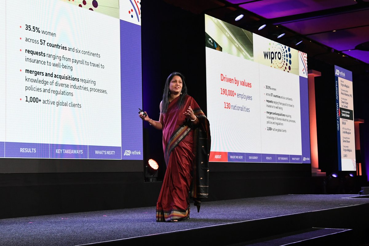 ADP's tweet photo. Sunita Cherian, SVP HR of @Wipro shares their HR transformation journey with @ADP resulting in 46% effort reduction, 56% efficiency improvement, 250 items automated, CSAT now 8.5/10. Overall enhancing the #EmployeeExperience. #ADPrethink #WorkingFor https://t.co/dZSmtZekUb