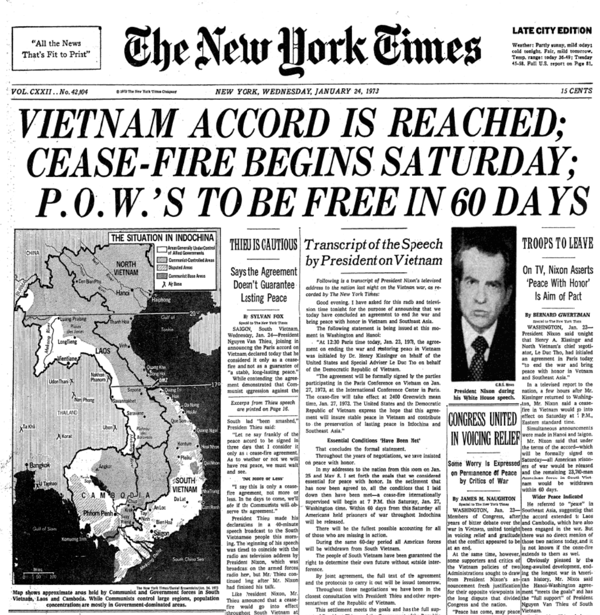 NYTArchives's tweet photo. "Vietnam Accord is Reached:" President Nixon announced today in 1973 an agreement between the United States and Vietnam to end the war https://t.co/DL6JleXOlg https://t.co/cV9j6XFfpq