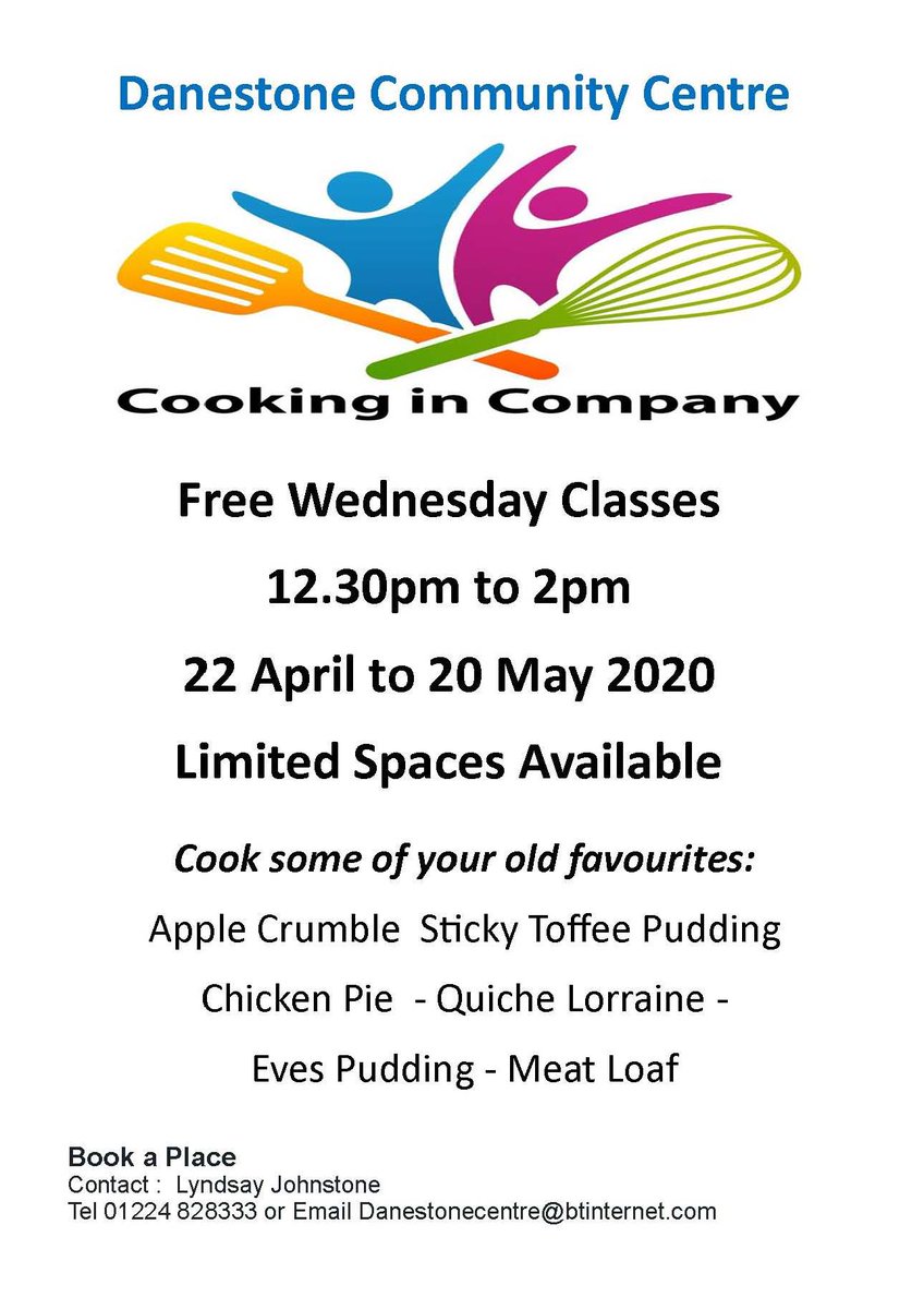 DanestoneMed's tweet image. FREE "Cooking in Company" classes @DanestoneCC from 12.30 - 2.00pm starting from 22 April - 20 May.  Limited spaces - to book a place call Lyndsay Johnstone on 01224 828333 or email Danestonecentre@btinternet.com