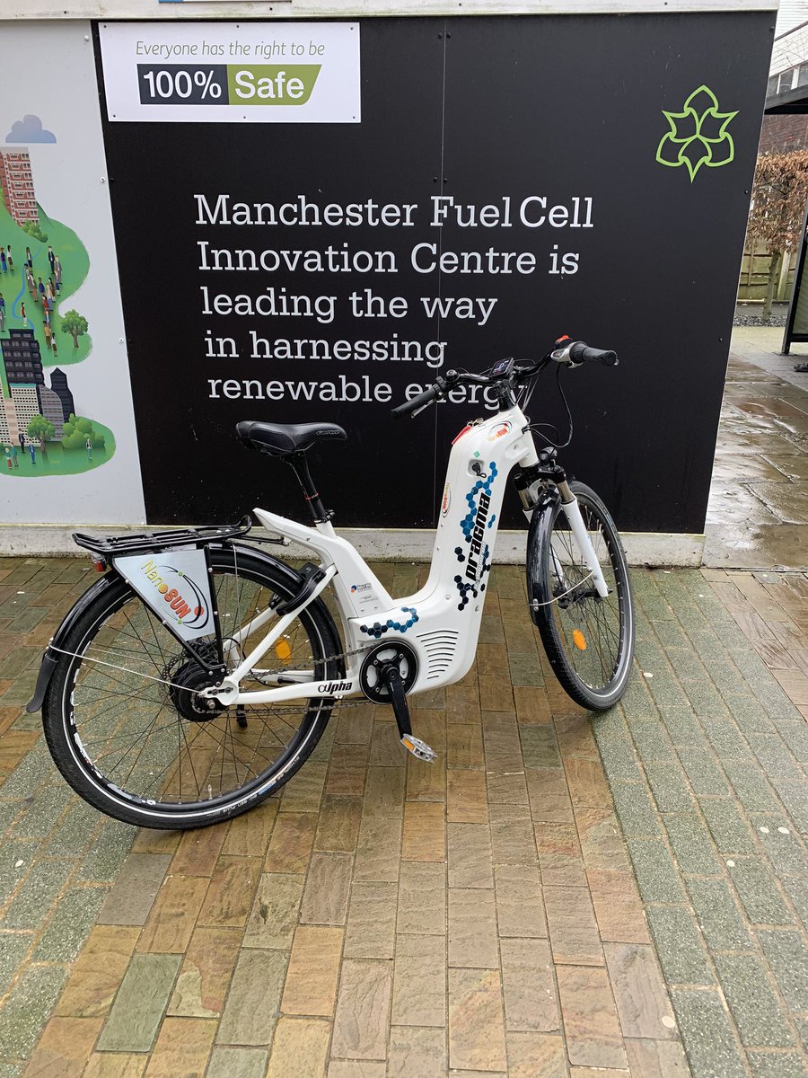 AmerGaffar's tweet photo. Thanks to @NanoSUNH2 for bringing the @PragmaFuelCells #fuelcell #hydrogen bike to @MFCIC @ManMetUni we’re outside the business school come and have a go #netzerotravel https://t.co/ihTUuYk2QR