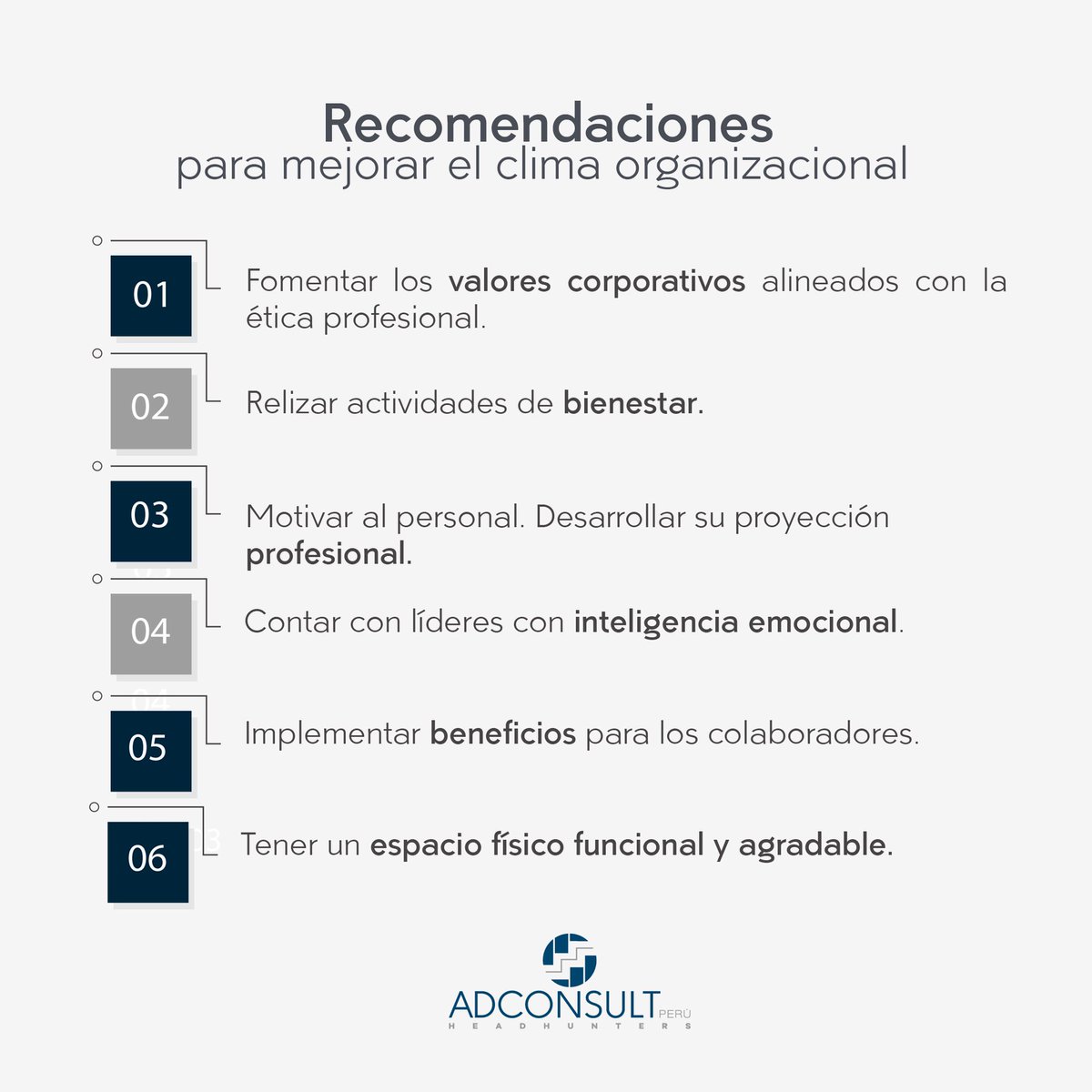 AdconsultPeru's tweet photo. Toma en cuenta las siguientes recomendaciones para fomentar un excelente #climaorganizacional https://t.co/GrTs5CYK0H