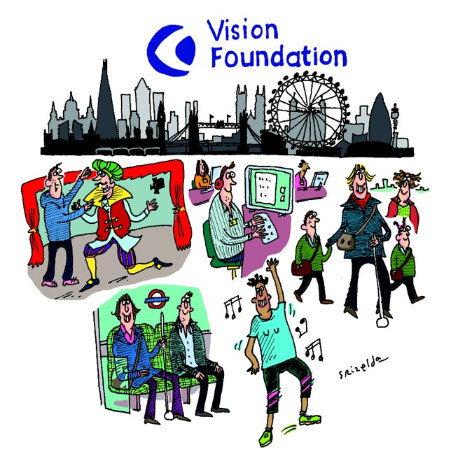 The cartoon shows a london skyline with playful cartoons of a tactile theatre experience, a woman with a cane travelling on a tube, a man dancing, a woman with a cane taking her children to school, a man at a computer with headphones for a screenreader. All are smiling and look confident.