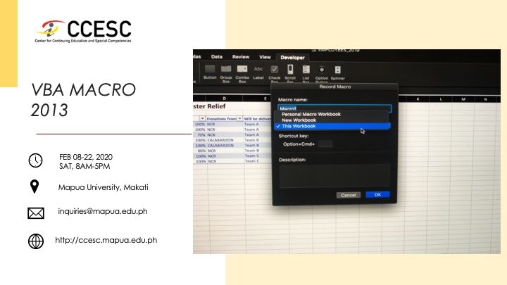 mapuaccescmkt's tweet photo. Join our VBA Macro class and experience not just better productivity and more efficiency, but also the techniques to utilize automation!
✔️Register Now!
#mapua #ccesc #microsoftexcel #excel #vba #macro #training https://t.co/mHrSXjzXFx