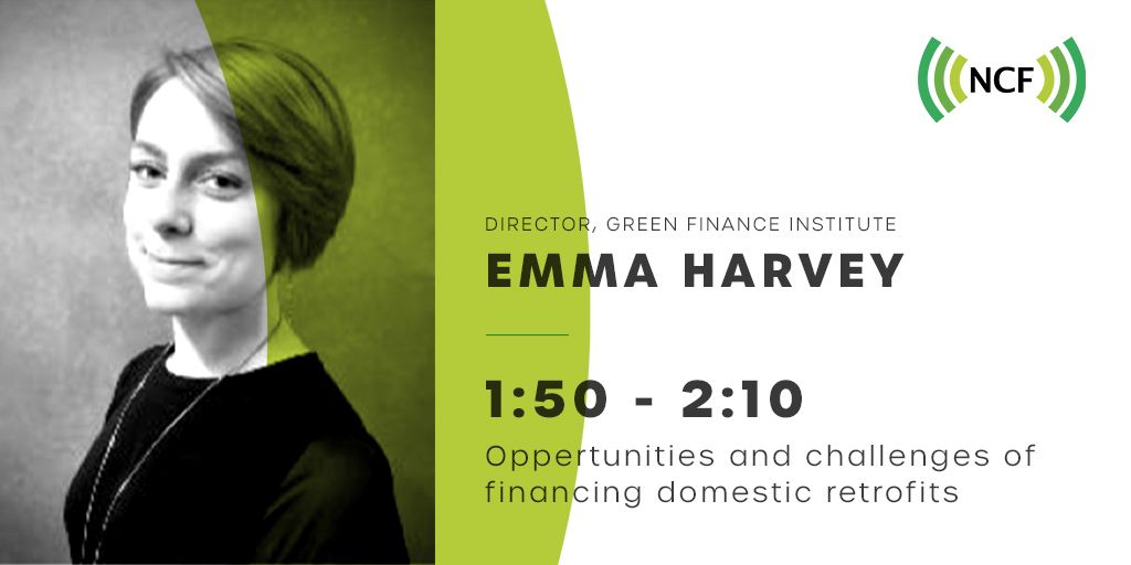 We all want to be more #carbonfriendly but how do we finance it? Emma Harvey, Director of @GFI_green is here to discuss the opportunities and challenges we face. 

#NCF2020 #finance #greenfinance #homeimprovements