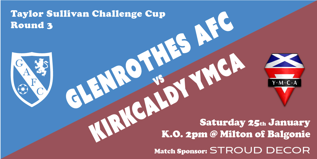 It's cup action this Saturday for GAFC as we host <a href="/kdyymcaafc/">Kirkcaldy YMCA AFC</a> in the third round of the <a href="/KOF_AFA/">Kingdom of Fife AFA</a> Taylor Sullivan Challenge Cup.

Kick off is 2pm at Milton of Balgonie.

Match sponsor is STROUD DECOR - Painting and Ames Taping (bit.ly/STROUD-DECOR).

#montheglens