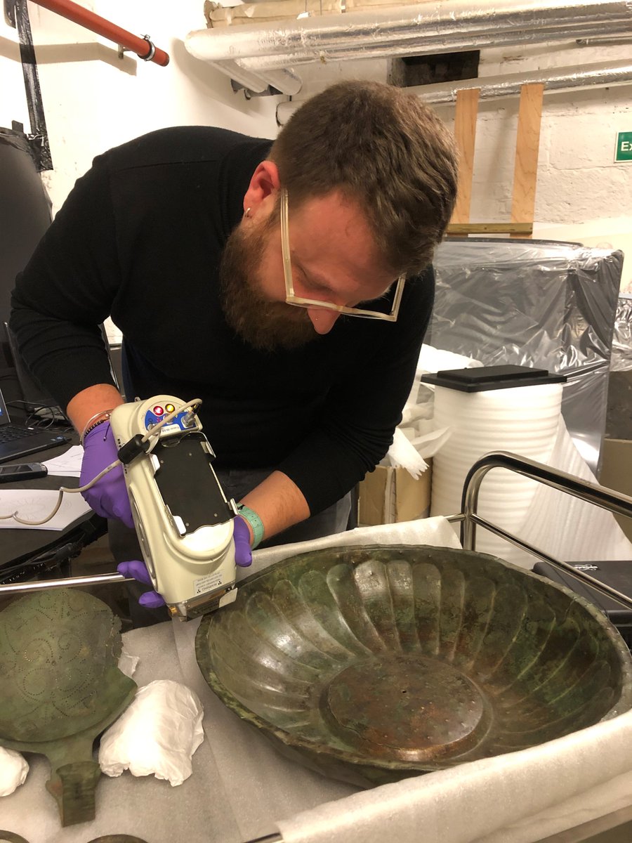 Marco from <a href="/ArchaeologyNCL/">Archaeology at NCL</a> is at <a href="/YorkshireMuseum/">Yorkshire Museum</a> this week using pXRF (portable X-ray fluorescence) to analyse the metal composition of the #Roman Knaresborough Vessel Hoard. We can't wait for the results! #YorkRomans