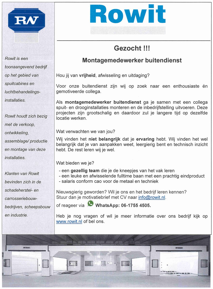 Rowitkampen's tweet photo. WIJ ZIJN NOG OP ZOEK NAAR EEN #MONTAGE #MEDEWERKER #BUITENDIENST !!! (23-1-2020)
#Kampen #Zwolle #IJsselmuiden #Emmeloord #Dronten #Elburg #Rowit #Spuitcabine #vacature https://t.co/nQMNhOqpz9