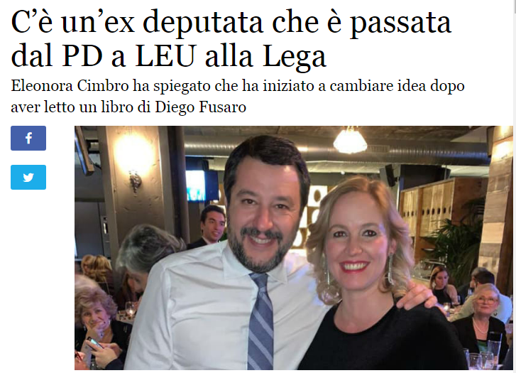 PolpoFinto's tweet photo. On. Eleonora #Cimbro

▶️ Eletta nel #PD passa subito a #Leu perché il PD è "troppo poco di sinistra"
▶️ Legge un libro di #Fusaro e apre gli occhi: dx e sx non esistono! Si rende conto di non "condividere nulla" di Leu e passa alla #Lega

PD 👉 Leu 👉 Lega  👉 poltrona https://t.co/g3H4VFuTLK