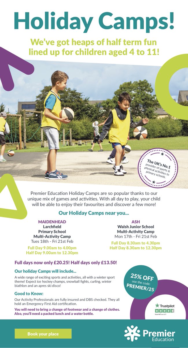 Spend half term active, playing sport, making friends, at our award winning camps running at Walsh junior in Ash and Larchfield primary in Maidenhead.  Book at premier-edcation.com.  Once again use the code PRMIER/25 to get a 25% discount making full days only £20.25.