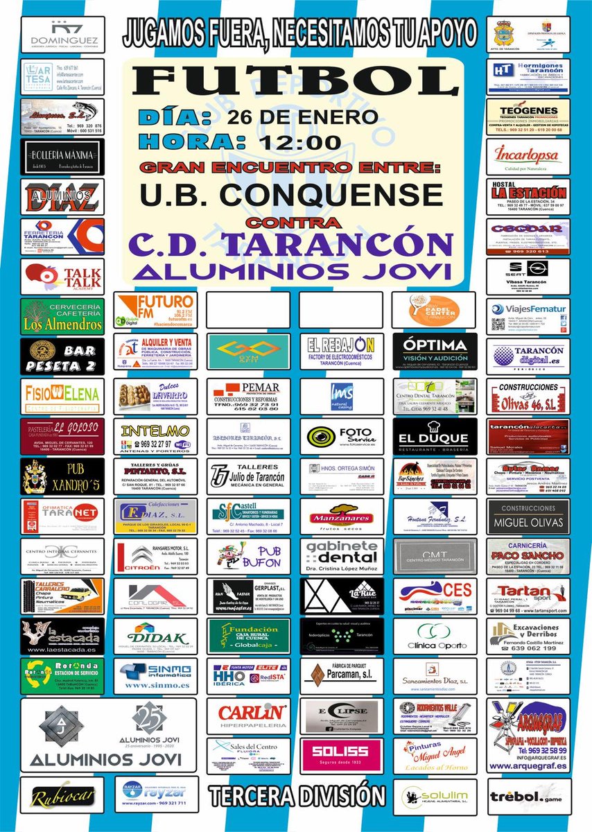 CDTarancon's tweet photo. JORNADA 22 | Este domingo partido contra @UBConquense. Recuerda: jueves y viernes de 19:30h-21:30h, acercarte a la sede del Club en el Estadio Municipal, coge tu asiento en el autobús del club y comprar tu entrada 🎟. 

¡1-2-3 TARANCÓN! #SomosDeTercera #TerceraCLM https://t.co/B5WmzpUUbk