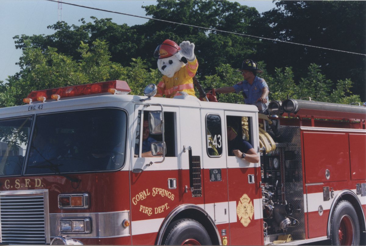 CoralSpringsFL's tweet photo. In the ‘90s Sparky the Fire Dog joined CS for fire prevention education. Sparky is still a proud member of our service in Coral Springs, usually accompanying the Fire Safety Trailer at family events. Meet him this weekend: https://t.co/fd8m5Atg5n
#CSFD50 #TBT #HistoryCS https://t.co/XnKGP5eutO