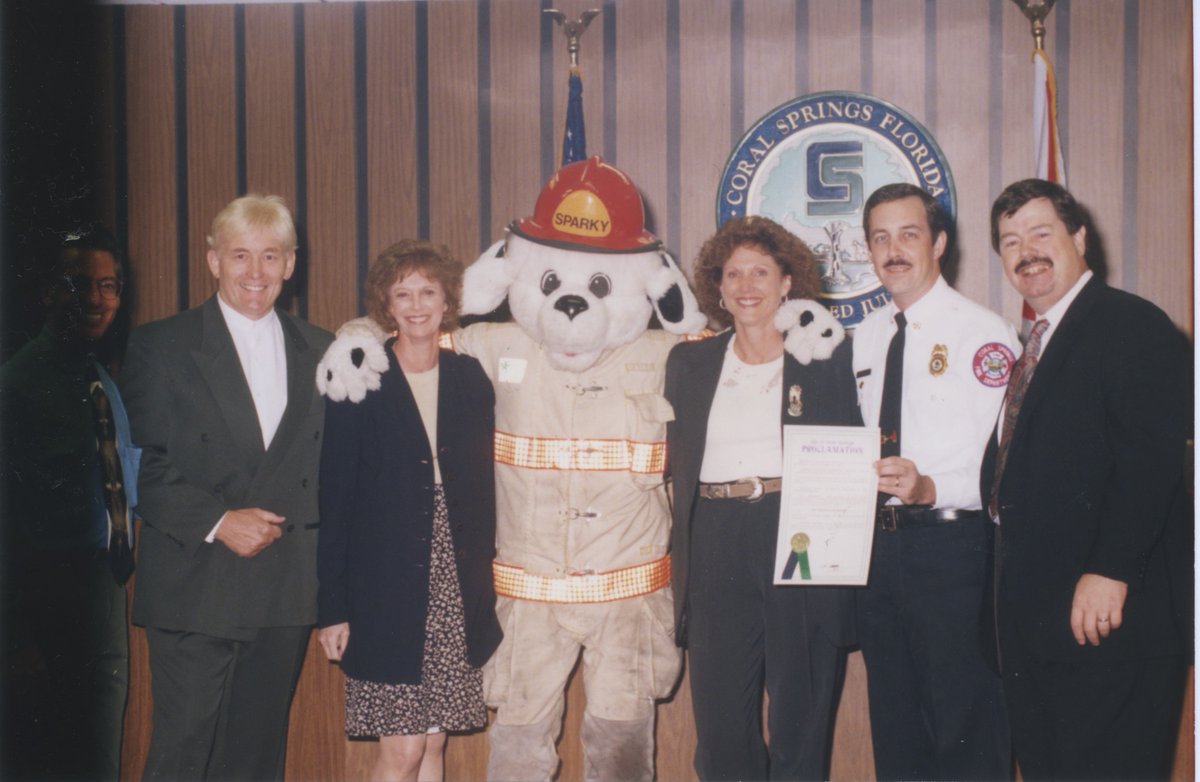 CoralSpringsFL's tweet photo. In the ‘90s Sparky the Fire Dog joined CS for fire prevention education. Sparky is still a proud member of our service in Coral Springs, usually accompanying the Fire Safety Trailer at family events. Meet him this weekend: https://t.co/fd8m5Atg5n
#CSFD50 #TBT #HistoryCS https://t.co/XnKGP5eutO