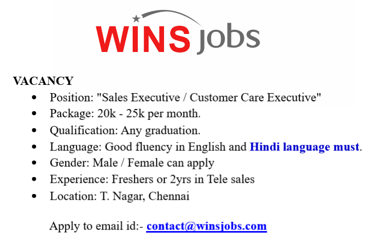 WINSJobs2's tweet photo. Hiring Sales Executive / Customer Care https://t.co/NhRJFM2YMD