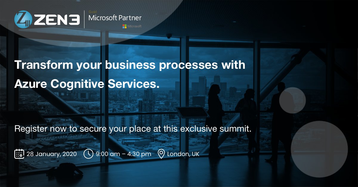 Zen3India's tweet photo. Reserve your seat: https://t.co/L8Sw4rfXhs
At this exclusive event in London, Microsoft and Zen3 experts will provide an overview and engagement model of AI/Cognitive Services and discuss practical steps to implementing it.
 #azurecognitiveservices  #caas  #microsoft  #zen3 https://t.co/qQxESytXhc