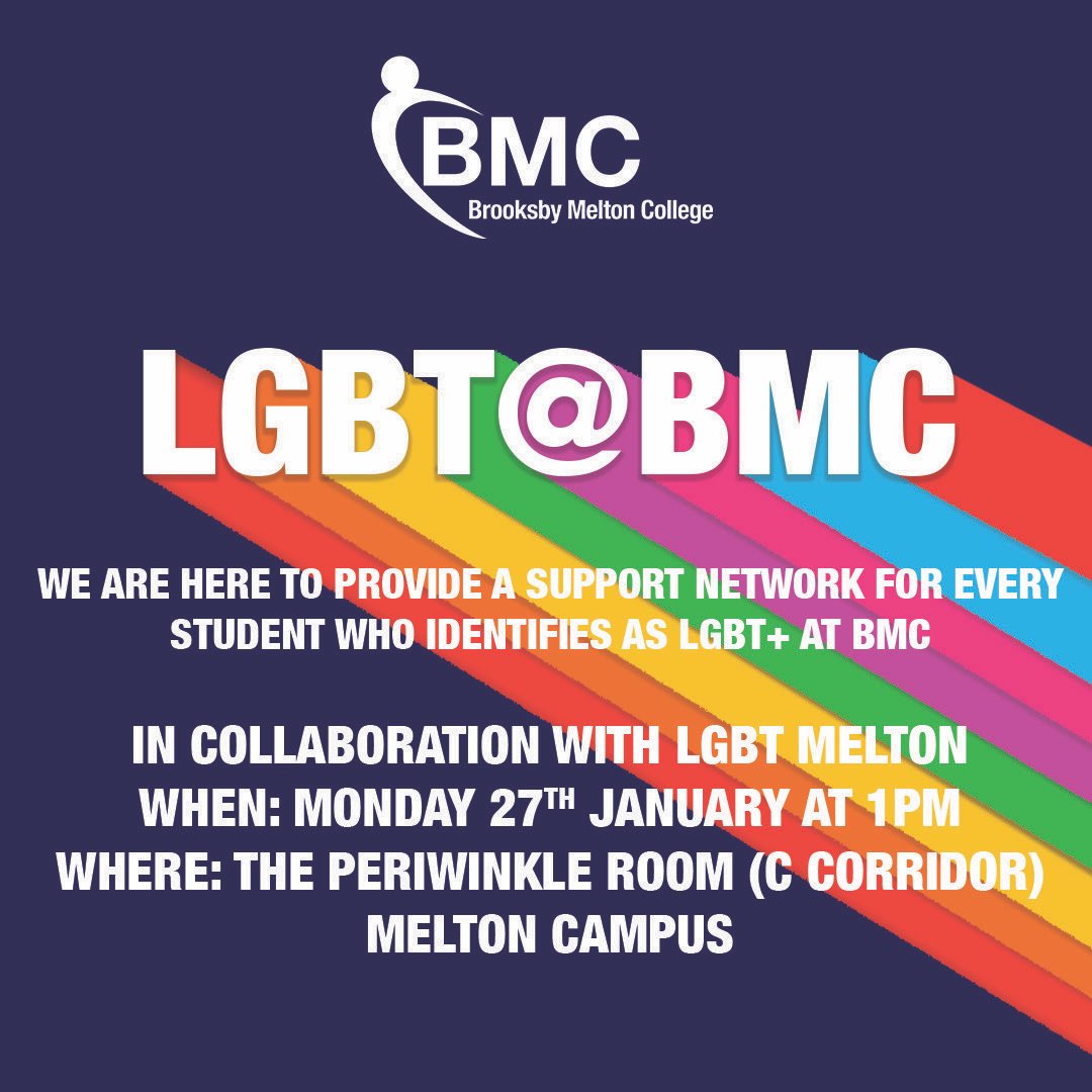 PyramidEastMids's tweet photo. We will be at @BrooksbyMelton with Student Services on Monday 27th January at 1pm for our weekly drop in LGBT Network for BMC Students who identify as #LGBTQ+ #lgbtnetwork #lgbtyouth #lgbtstudents #lgbtatbmc #oitnr #lgbtmelton #lgbtsupport
#BeBMC https://t.co/ZJqIShmuys