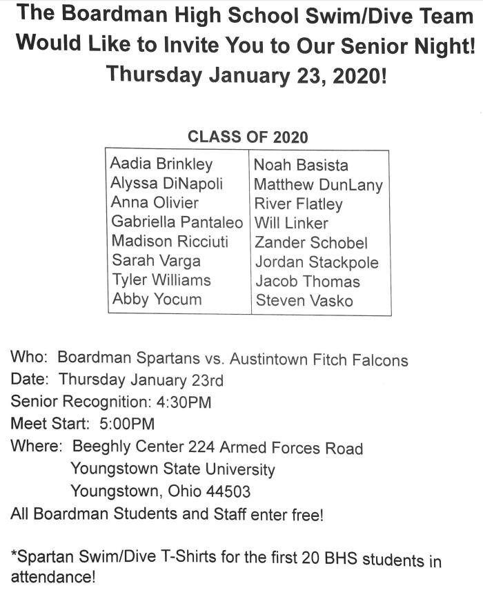 ndcar's tweet photo. Celebrate @BoardmanAth 🏊‍♀️Swim&amp;Dive Senior Night 2day @ YSU. Ceremony 4:40,Meet v Fitch 5PM. BHS Students&amp;Staff FREE. T-Shirt giveaway. Postgame @RisePies 🍕Boardman. @BoardmanSpirit @BmanBoosterClub @barstoolbdman69 @BoardmanHoops @LadySpartansBHS @BoardmanSpirit @BoardmanTrackCC https://t.co/191eK6Po5B