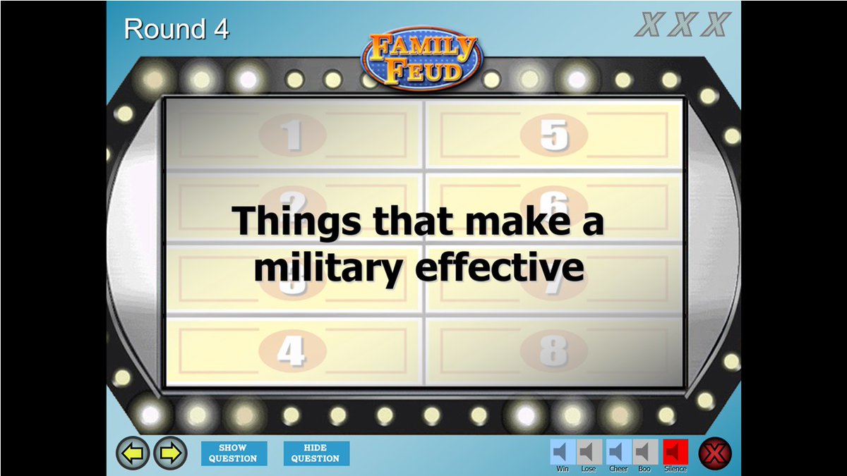 Wk 2/Definitions: We discussed why it's easy to define military effectiveness in theory (as the conversion of resources into fighting power), but WAAAAY harder to successfully do that in practice. We also played THE FEUD!! 3/n
