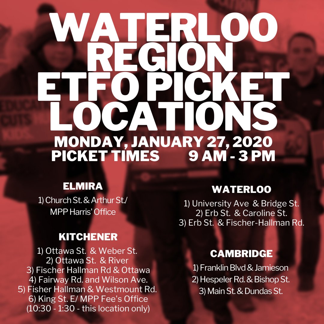 ETFOWaterloo's tweet photo. Local educators hit the picket lines on Monday and the community is welcome to show their support! Learn more on our website: https://t.co/ggaOJ2qVfQ #etfo #etfostrong https://t.co/lTdvev0iEI