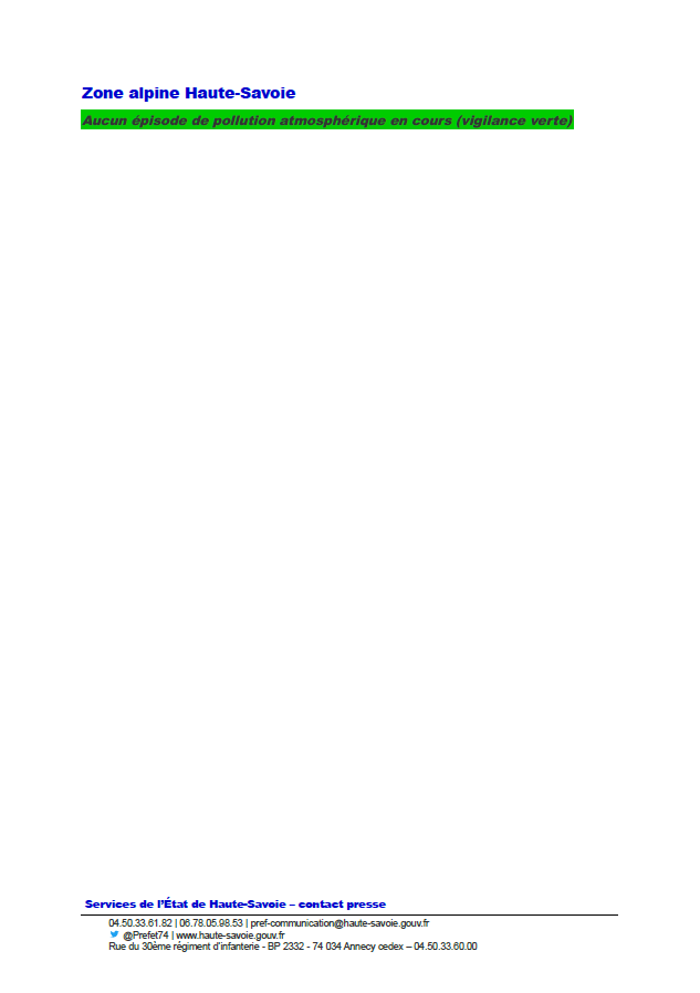 #QualiteAir Pierre Lambert, <a href="/Prefet74/">Préfète de la Haute-Savoie</a> informe que la vallée de l'Arve est placée au titre de la pollution atmosphérique en vigilance rouge, le bassin lémanique en vigilance orange et la zone urbaine des pays de Savoie en vigilance jaune.