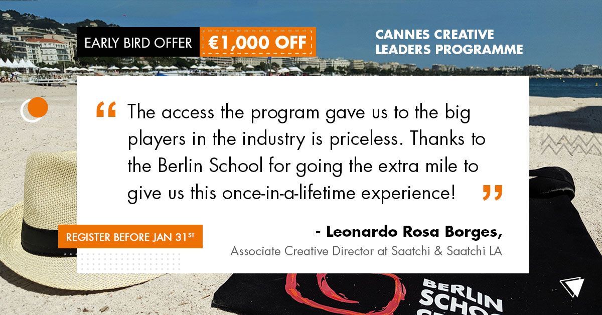 BerlinSchool's tweet image. It’s true! At #CCLP, you’ll get a step ahead &amp;amp; closer to the ‘red carpet’ of industry experts at @Cannes_Lions. Not only will you be brushing shoulders, you’ll be learning from &amp;amp; alongside these cutting-edge #creativeleaders. Apply  bit.ly/BSCL_CCLP