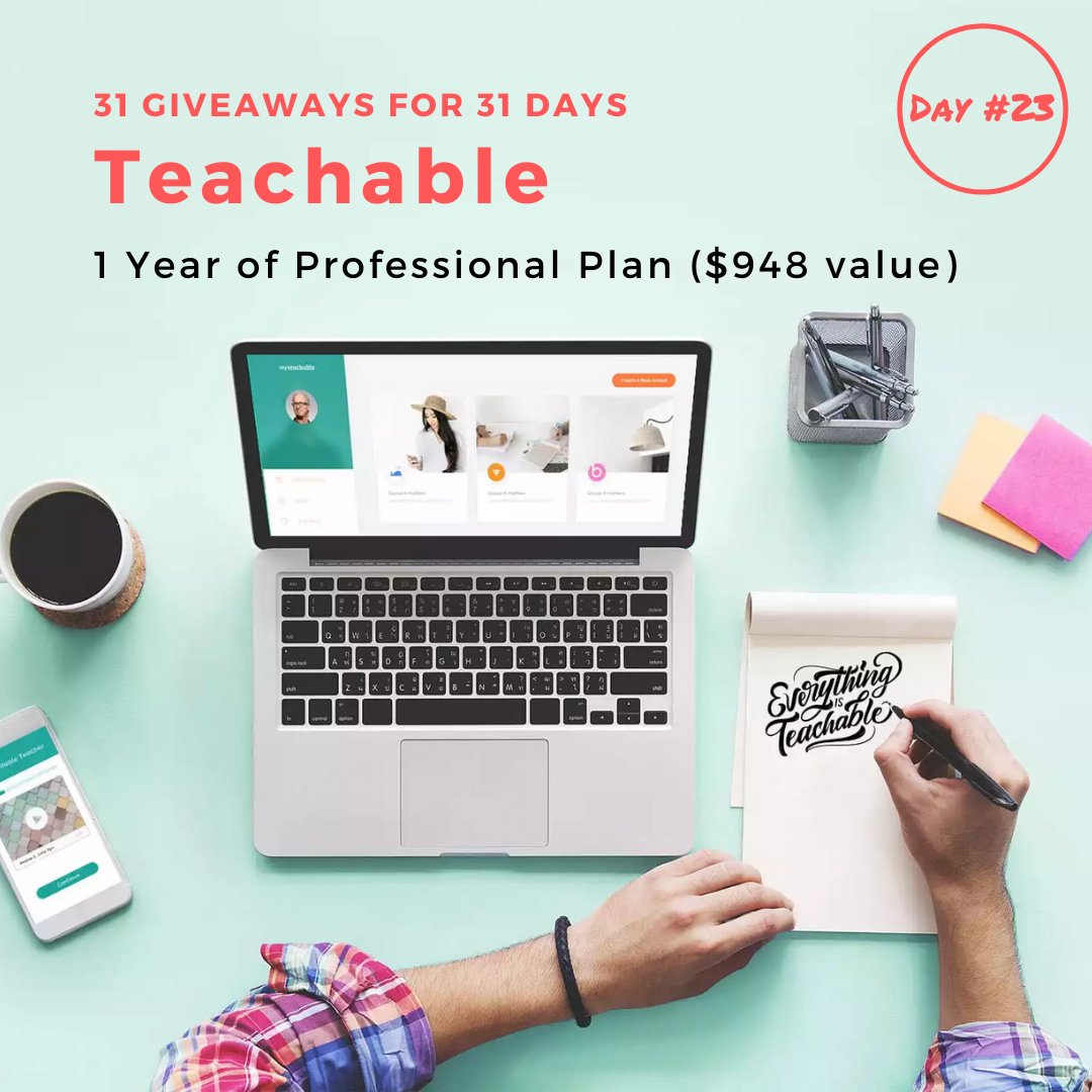 noahkagan's tweet photo. Today's giveaway is a YEAR of the Professional Plan by @teachable ($948 value). Is this the year you create your online course?‍‍

To enter...
1. LIKE this tweet (RT for BONUS entries 🎉) 
2. COMMENT below ⤵️

Winner announced in my weekly email (link in bio!) 🏆 https://t.co/U6wra80dw8