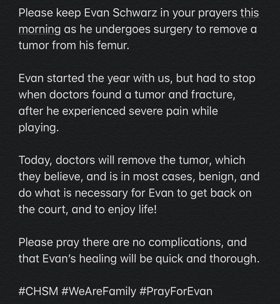 CJPomeroy1's tweet photo. . @CHSMHouston @NCHBCLive #CHSM #WeAreFamily #PrayForEvan https://t.co/djGyz2UBXt