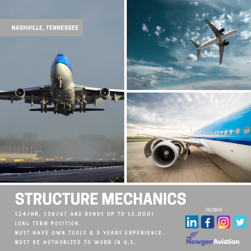 newgenaviation's tweet photo. Newgen Aviation is looking to hire experienced Structure Mechanics in Nashville, Tennessee. If you're interested send your resume over to recruiter@newgenaviation.com #Hiring #Jobs #Structures #SheetMetal #Aviation #AviationJobs #CompetitivePay #NashvilleTN  #LongTermAviationJob https://t.co/AbmTOHSnaj