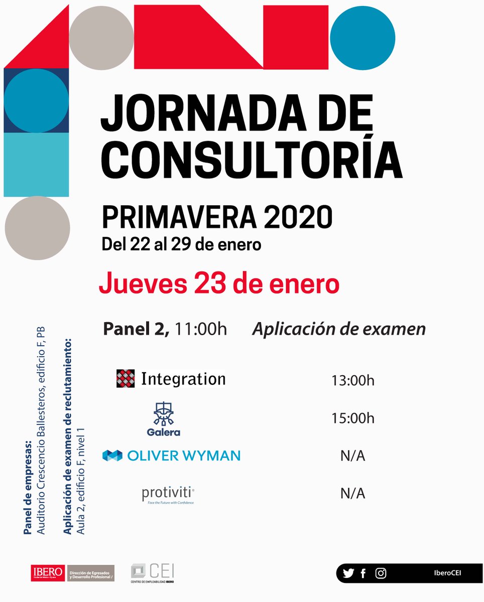 IberoCEI's tweet image. #QueNoSeTePase HOY en la #JornadaDeConsultoríaIbero #IntegrationConsulting #Galera @OliverWyman y @ProtivitiMexico #trabajo #empleo @IBERO_mx @IberoVincula