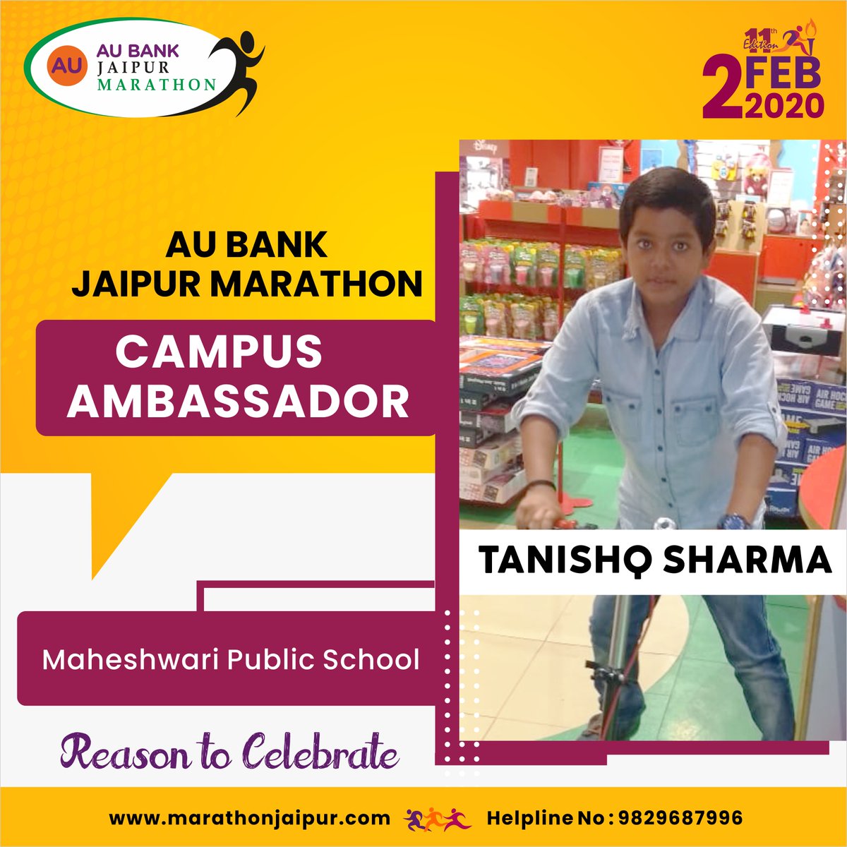 runjaipur's tweet photo. Congratulations Tanishq Sharma from Maheshwari Public School on becoming the Campus Ambassador of AU Bank Jaipur Marathon 11th Edition.๐โโ๏ธ๐๐#AUBJM #JaipurMarathon #ReasonToCelebrate #CampusAmbassador #RunJaipur #Jaipur #MaheshwariPublicSchool #MPS #School #Fitness https://t.co/FpdPytN9pp