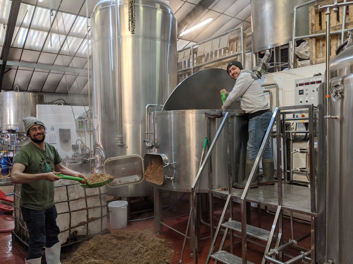 brewyorkbeer's tweet photo. Alex &amp; Martyn from @ElectricBearUK  are properly getting stuck in to this brew digging out the huge amount of grain. This is going to be one hell of a tasty brew. Trust us.....
#collab #york #bath #brewing #sour #fruitsoftheforest #beer https://t.co/aDR2CZMr4x