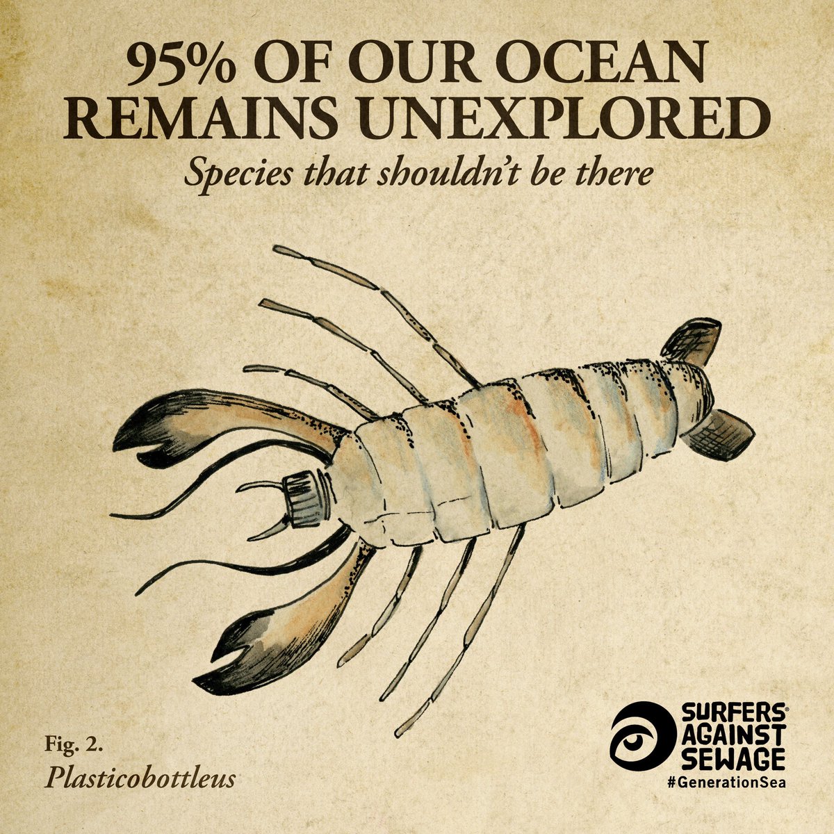 a plastic bottle depicted as an ocean species - like a lobster with a bottle for a body