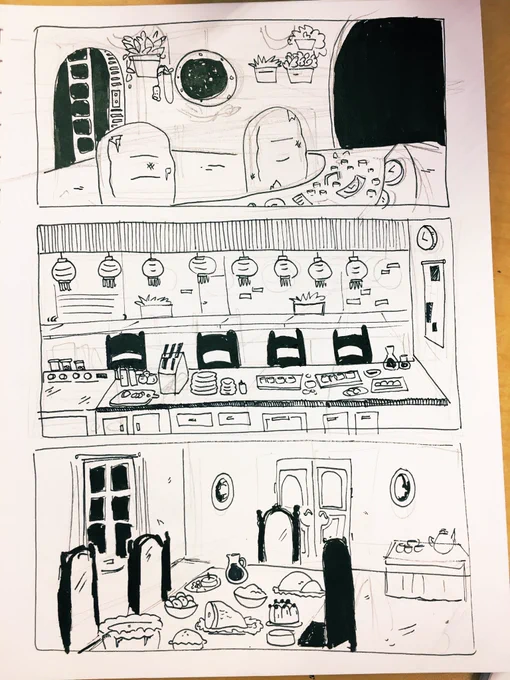 Before committing to a BG digitally, I've been inking fast, messy layouts of what they could look like and this may be the first year I use an entire sketchbook.

They're not perfect, but they get the point across quick and get my eyes off of the screen for a bit 🖊 
