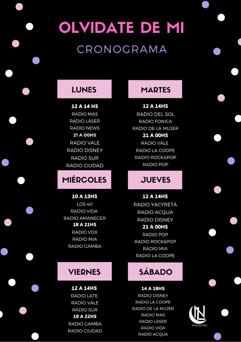 lacunzarg's tweet photo. 📣 | PROMOCIÓN EN RADIOS! - IMPORTANTE 

Este es un cronograma de radios semanal, empezamos esta noche!

Este hilo será completado cada día con los contactos de las radios a las que tenemos que mandar. 
Es importante que revisen este hilo diariamente! 👇🏽 https://t.co/Nsyqu6Re8i