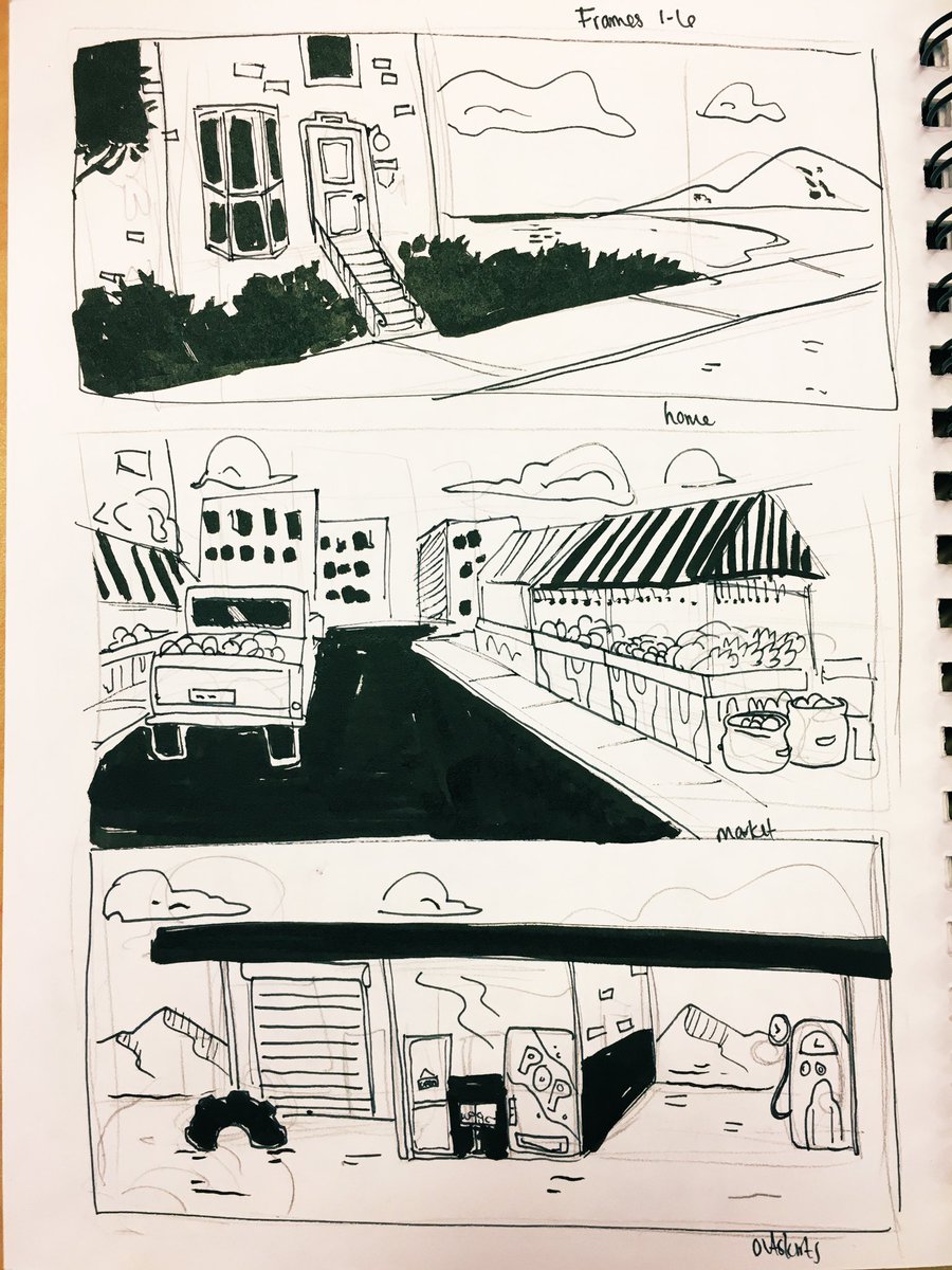 Before committing to a BG digitally, I've been inking fast, messy layouts of what they could look like and this may be the first year I use an entire sketchbook.
They're not perfect, but they get the point across quick and get my eyes off of the screen for a bit 🖊