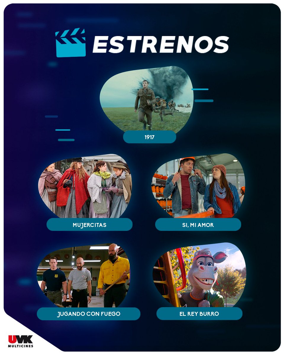 uvk_multicines's tweet photo. 📣¡Disfruta de los estrenos de la semana en #UVKMulticines! ¿Qué peli quieres ver desde hoy? 🍿😁 🙌Consulta los horarios y compra online desde nuestra nueva web: https://t.co/42QfE8PdOA 🚨

📍 1917
📍#Mujercitas
📍#SiMiAmor
📍#JugandoConFuego 
📍#ElReyBurro https://t.co/LMKSgJy0Vx