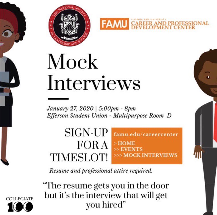 Whether it be over the phone, on a screen, or in person, the interview portion is where you make your first impression on the company and NSLS wants to help you start off on the right foot. Join us on January 27th from 5:00 pm to 8:00 pm for our Mock Interviews! @famu_nsls