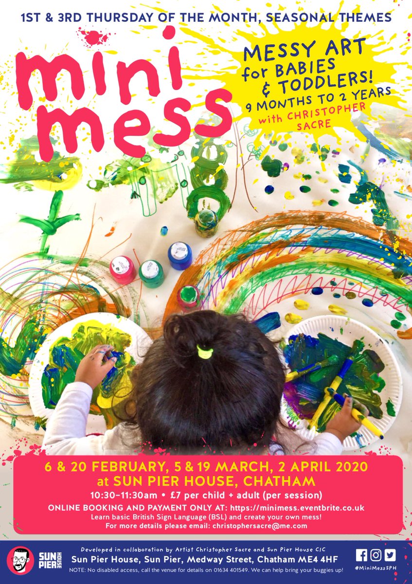 ccsacre's tweet photo. Delighted to inform you that ‘Mini MESS’ is back on @SunPierHouse in Chatham, Kent. Join us, learn basic British Sign Language (BSL) &amp; create your own MESS! Online booking &amp; payment only: https://t.co/4XzN96ikR9 Please RT! #MiniMessSPH #BSL #FamilyFun @SEEandCREATE @CommunityBSL https://t.co/9DtPnoOjUz