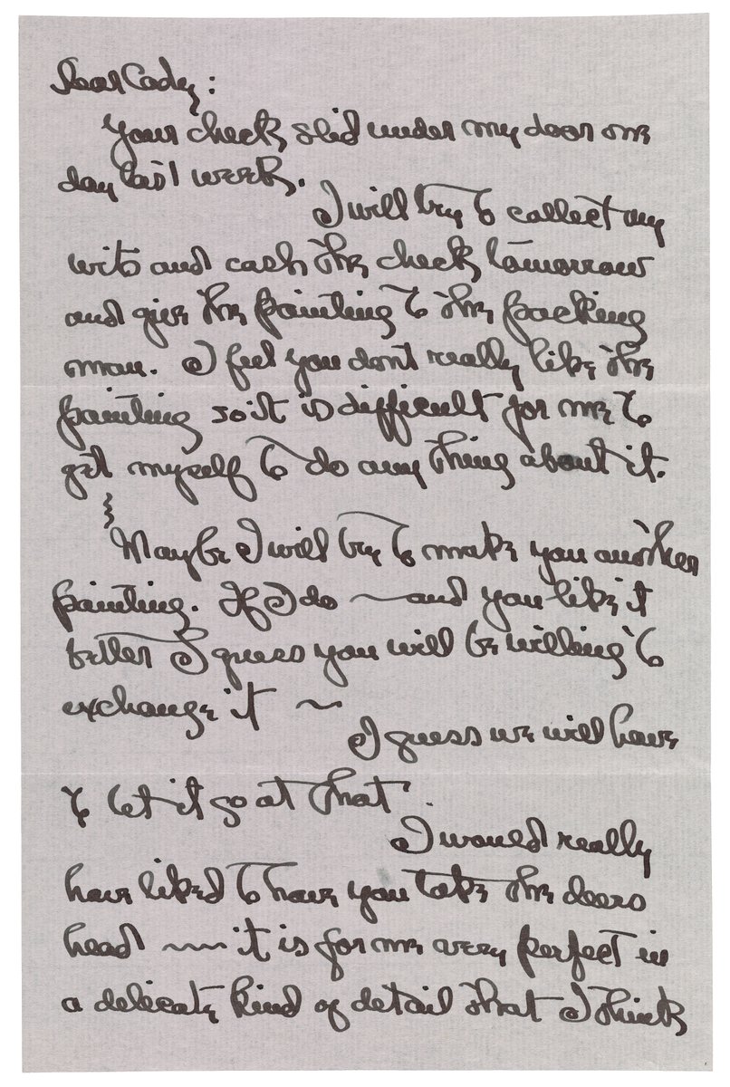 Handwritten letter with loopy script. Starts "Dear Cady, Your check slid under my door one day last week." Writer discusses making another painting for the recipient.