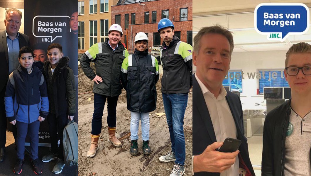 TBI's tweet photo. Een bijzondere dag! Drie collega's gaven vandaag hun leidinggevende taken over aan nieuw, aanstormend talent. Jayden mocht aan de slag bij @ERAContour, Yannick bij @HazenbergBouw en Walid en Anouar gingen samen aan de slag bij @Croonwolterdros. #baasvanmorgen #maakdetoekomst https://t.co/eDoUPl3fWx